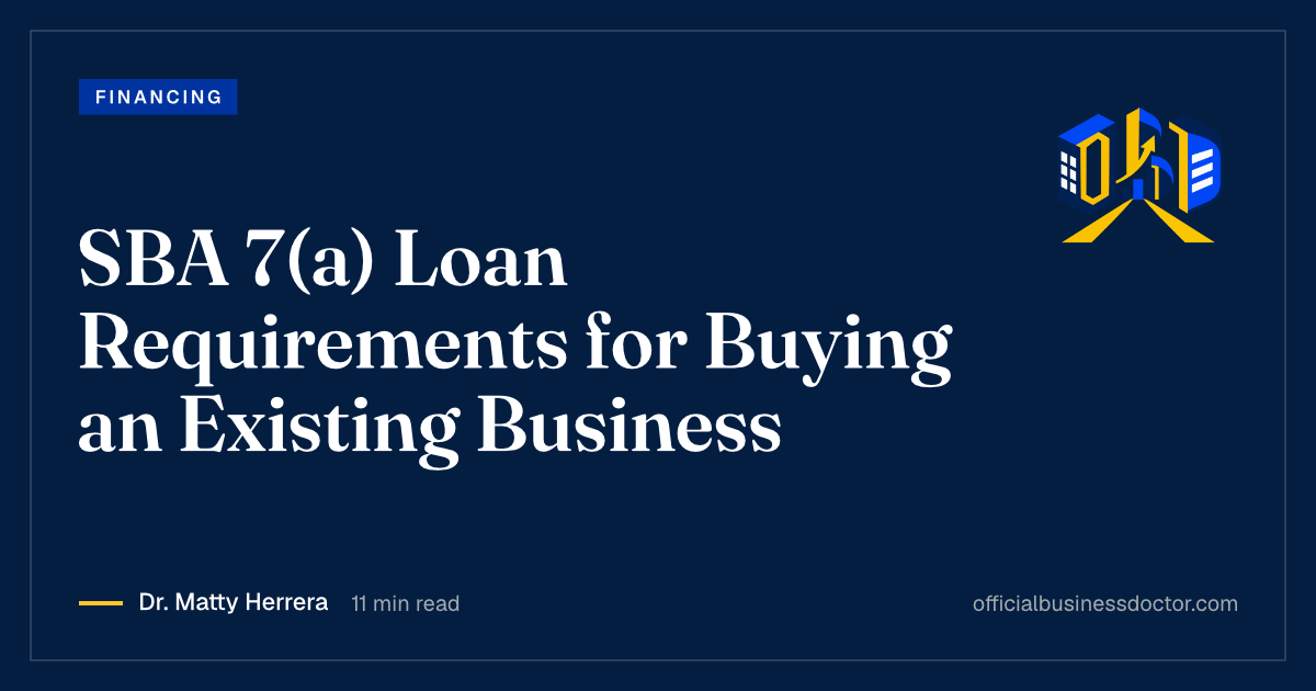 Official Business Doctor title card for the guide to SBA 7(a) loan requirements for buying a business